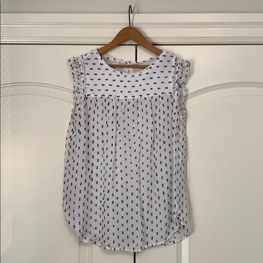 ❤️Loft Sleeveless Blouse Ruffle Detail Blue White